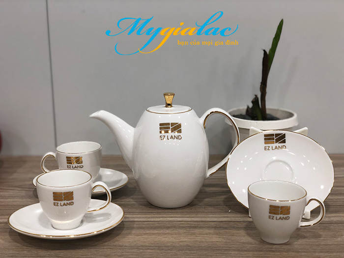 Bộ trà anna cao viền chỉ vàng in logo công ty